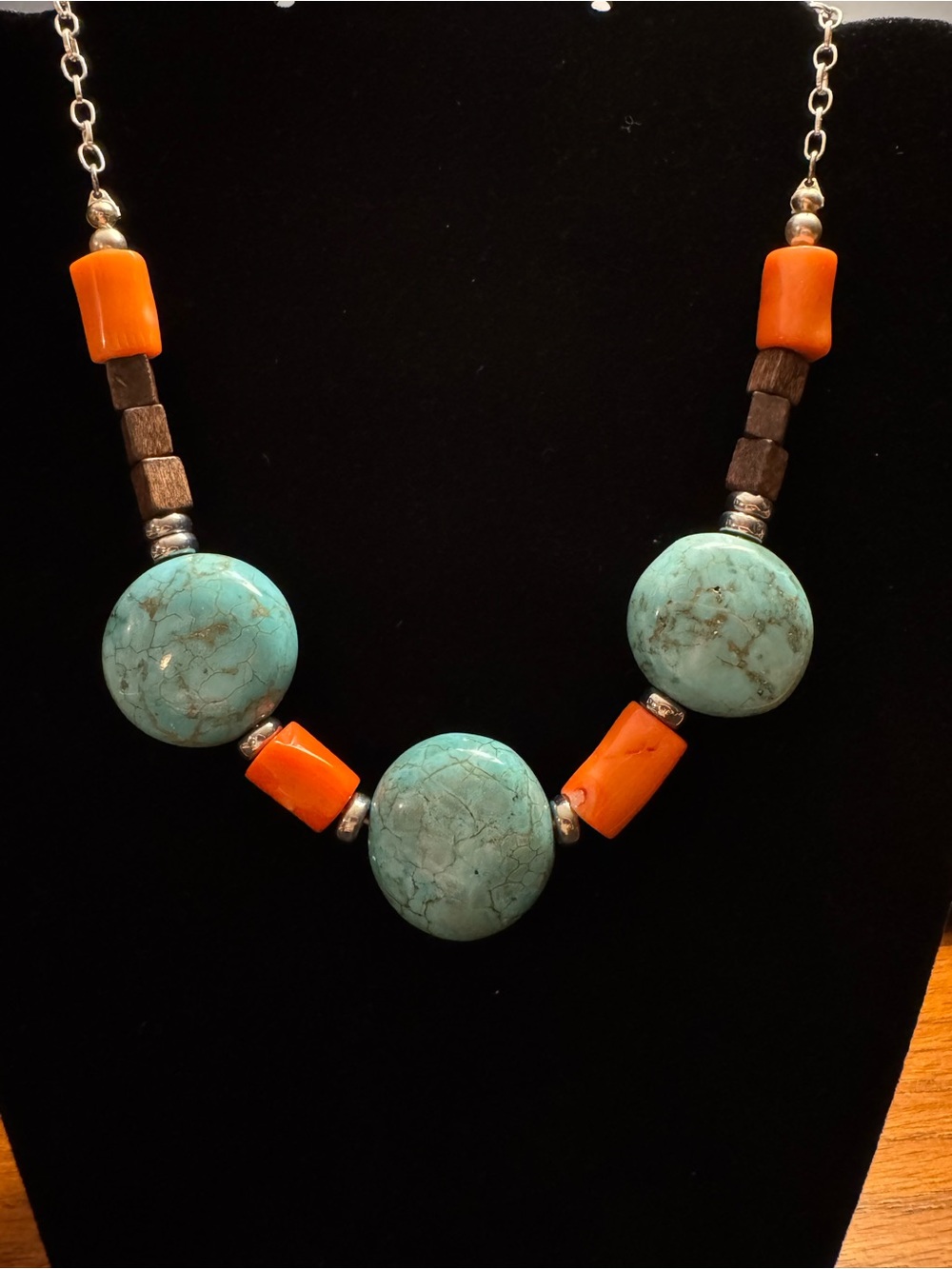 Turquoise, Coral, and Wood Boho Statement Necklace 20”